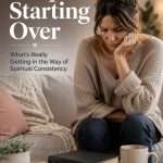 Woman looking at her Bible in frustration because she can't stay consistent with God.