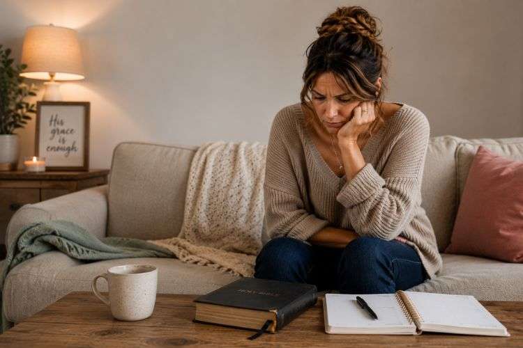Woman sitting on the couch, looking at her Bible in frustration.