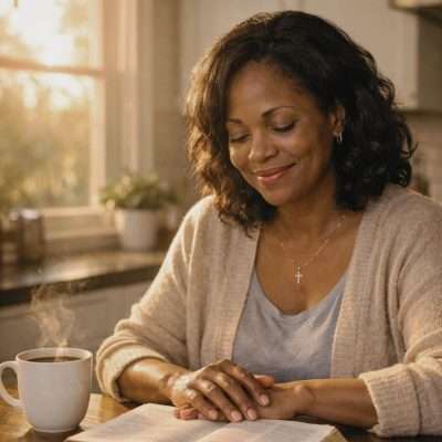 Woman sitting with her Bible and smiling