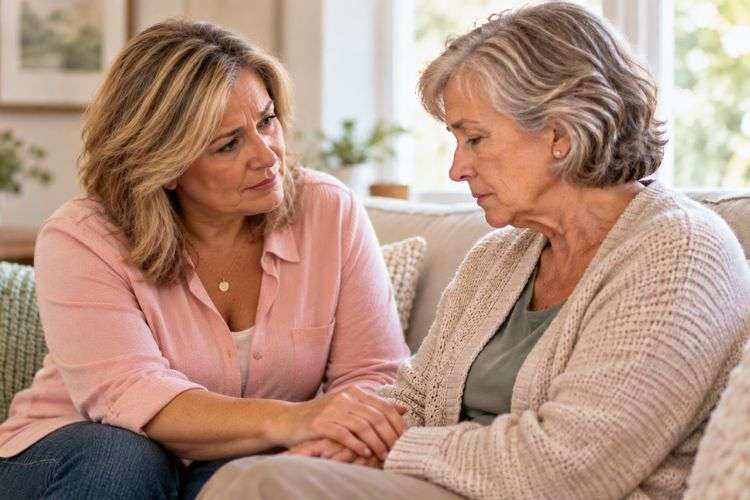 Concerned woman sitting with a senior woman, praying for her.