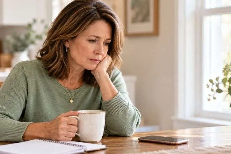 Woman sitting at her kitchen table with coffee, quietly praying for someone she loves